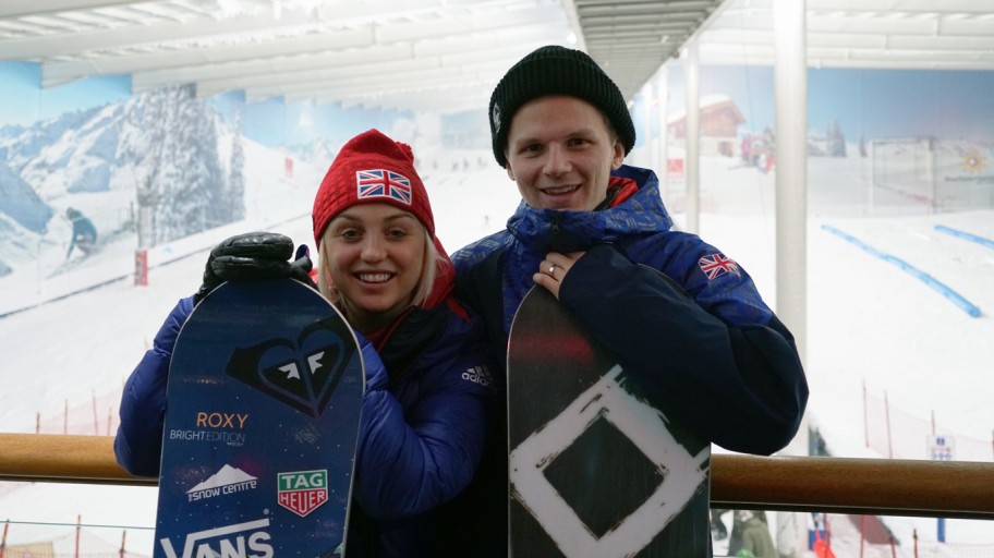 Photo of Jamie Nicholls and Aimee Fuller on a balcony in an indoor slope near London