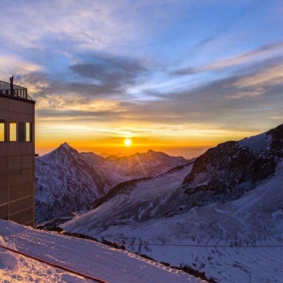 Sunset on the snowy mountains of Switzerland