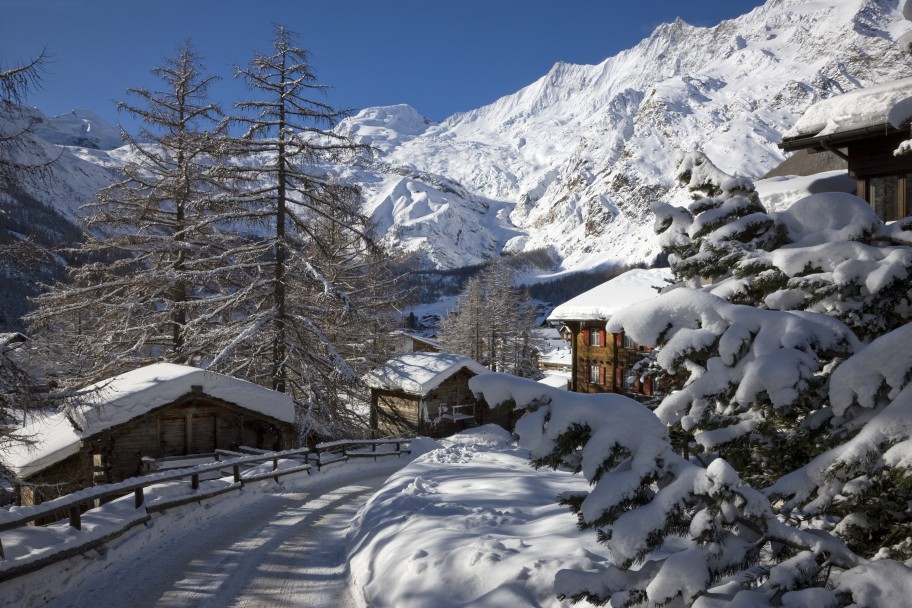 Cabins and trees photographed in the snowy mountains