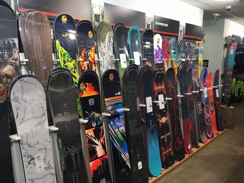 Rack of snowboard boards