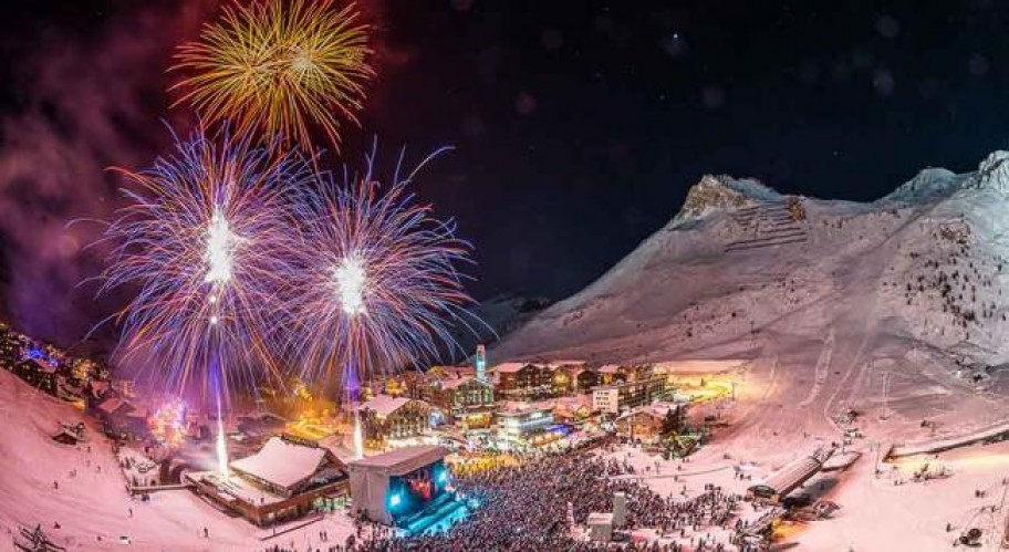 Fireworks on New Year's Eve in a ski resort