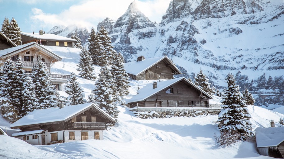 Cabins in the snowy mountains of Switzerland